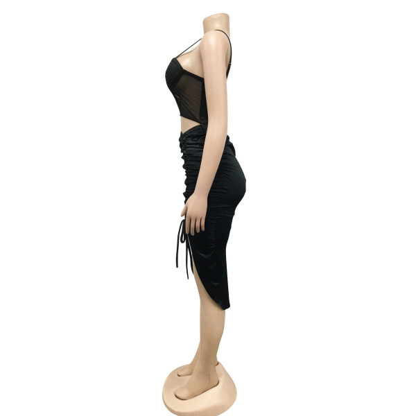 Fashion Women's Solid Color Sling Sexy Tight Mesh Perspective Irregular Dress