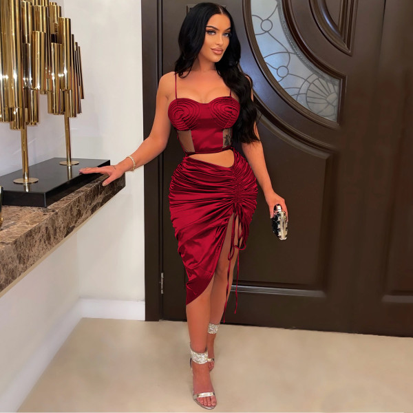 Fashion Women's Solid Color Sling Sexy Tight Mesh Perspective Irregular Dress