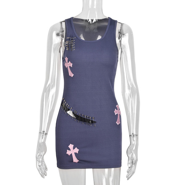 Hollow Sexy U Neck Sleeveless Pullover Cross Stitch Pin Hip Dress