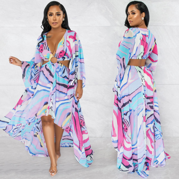 Fashion Painted V-Neck Cutout Long Sleeve Irregular Maxi Dress