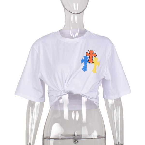 Cross-shaped cropped navel short-sleeved round neck top T-shirt