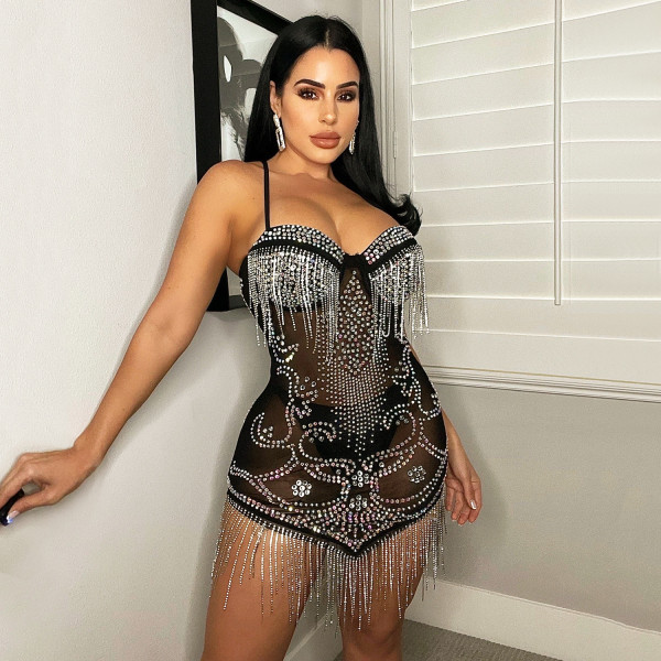 Women's Sexy Mesh Hot Drill Sling Fringe Dress