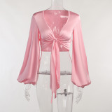 Pink Long Sleeve Lace-Up Top Sexy Shorts Set