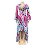 Fashion Painted V-Neck Cutout Long Sleeve Irregular Maxi Dress