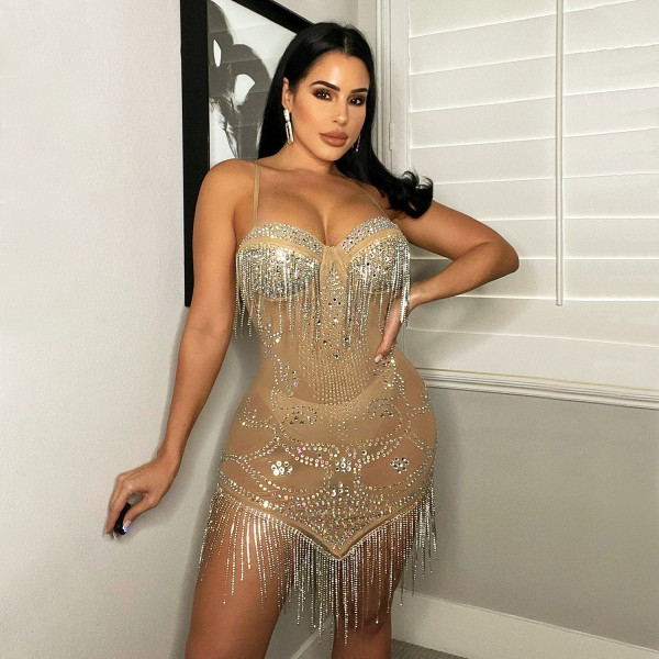 Women's Sexy Mesh Hot Drill Sling Fringe Dress