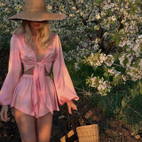 Pink Long Sleeve Lace-Up Top Sexy Shorts Set