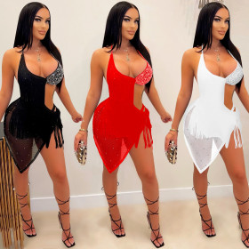 Fashion nightclub sexy sling hot drill fringed dress