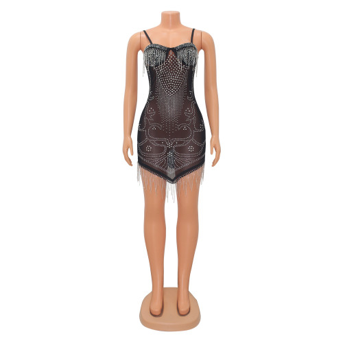 Women's Sexy Mesh Hot Drill Sling Fringe Dress
