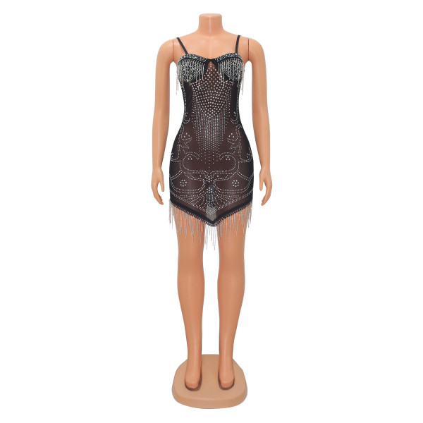 Women's Sexy Mesh Hot Drill Sling Fringe Dress