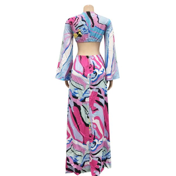 Fashion Painted V-Neck Cutout Long Sleeve Irregular Maxi Dress