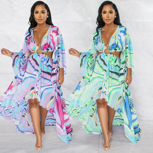 Fashion Painted V-Neck Cutout Long Sleeve Irregular Maxi Dress