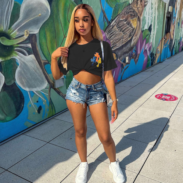 Cross-shaped cropped navel short-sleeved round neck top T-shirt