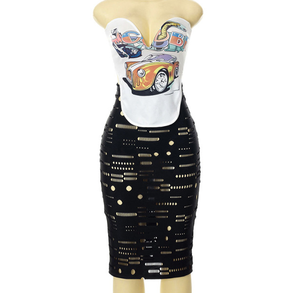 Fashion Suit Sexy Print Top Sheer Hole Skirt