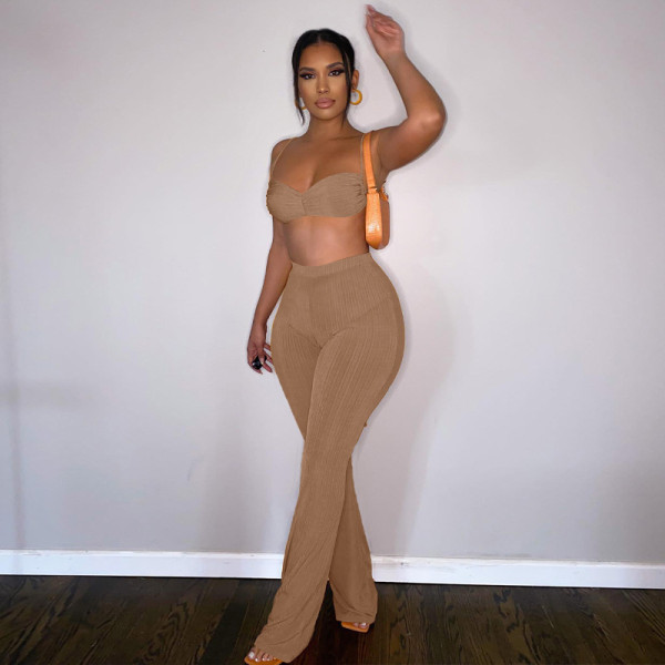 Tie-Wrap Flare Pants Two-Piece Solid Fashion Set