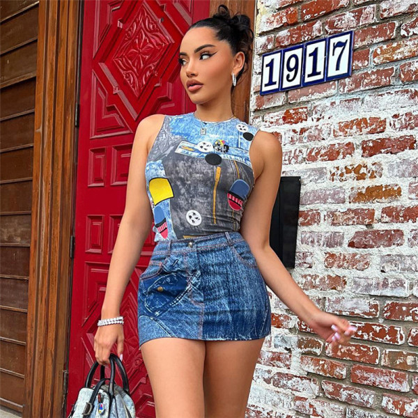 Street Fashion 3D Denim Print Sleeveless Slim Slim Short Skirt Suit
