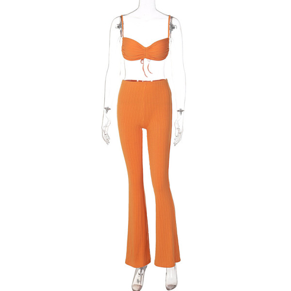 Tie-Wrap Flare Pants Two-Piece Solid Fashion Set