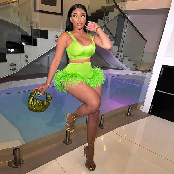 Celebrity Fashion Sexy Hot Girl Solid Color Feather Slim Dress Suit
