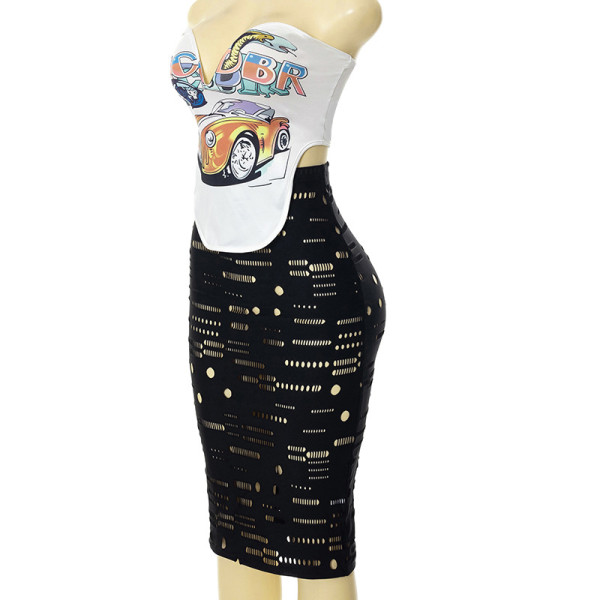 Fashion Suit Sexy Print Top Sheer Hole Skirt