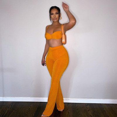 Tie-Wrap Flare Pants Two-Piece Solid Fashion Set