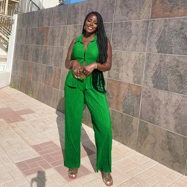 Fashion Set Solid Color Drape Loose Silky Wrinkled Casual Two-piece Set