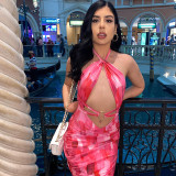 Women's suspender dress temperament advanced printing sexy hip skirt