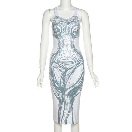 Street Fashion 3D Printing Sleeveless Pullover Slim Hip Dress