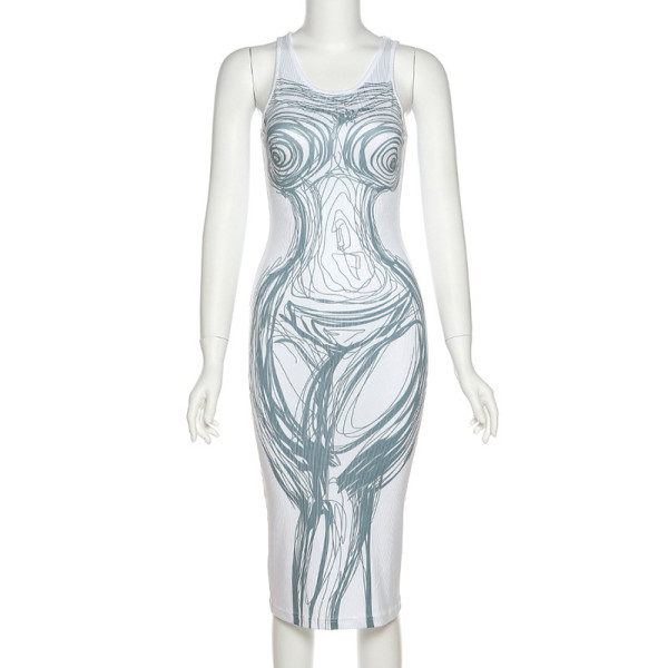 Street Fashion 3D Printing Sleeveless Pullover Slim Hip Dress