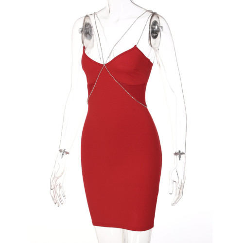 Solid Color Sexy Chain Sling Pack Hip Dress