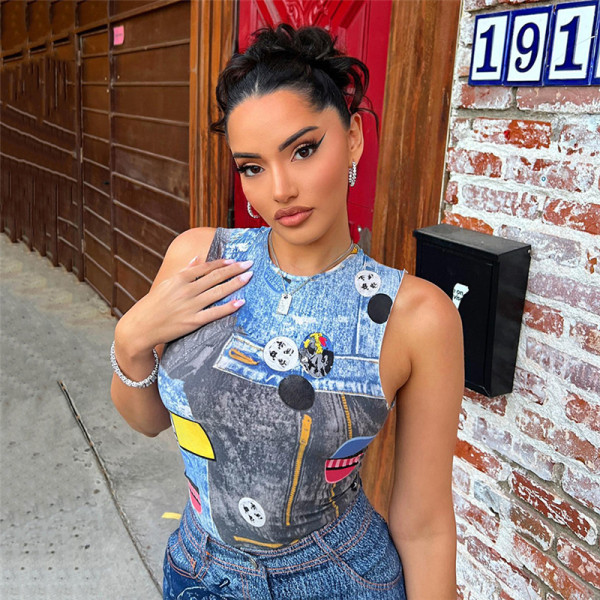 Street Fashion 3D Denim Print Sleeveless Slim Slim Short Skirt Suit