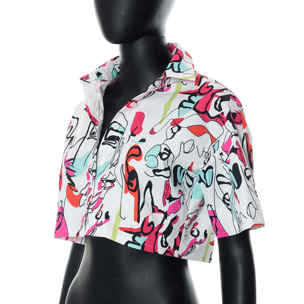 Shirt women's design sense niche cropped navel print short-sleeved shirt
