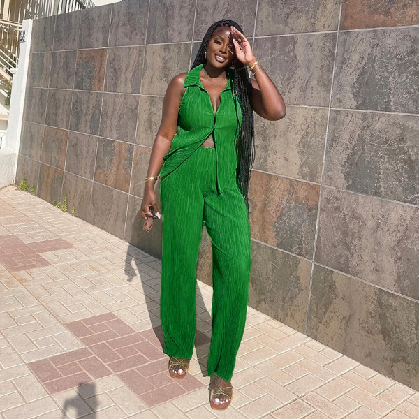 Fashion Set Solid Color Drape Loose Silky Wrinkled Casual Two-piece Set
