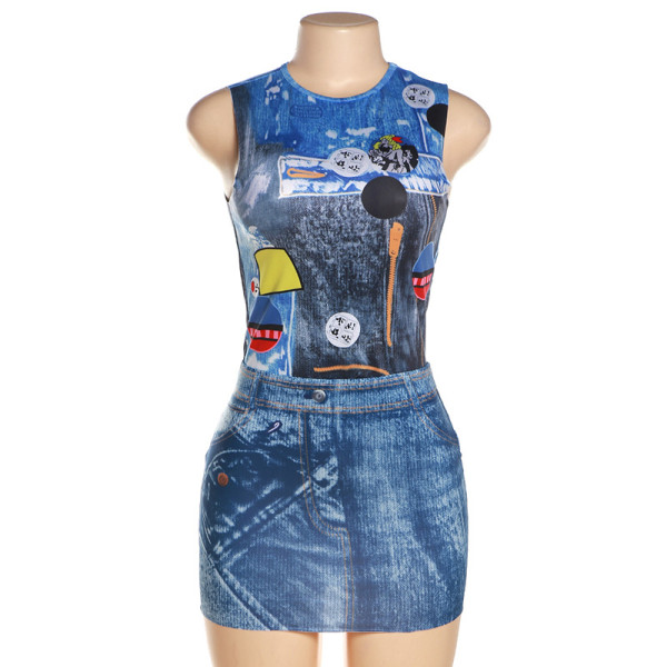 Street Fashion 3D Denim Print Sleeveless Slim Slim Short Skirt Suit