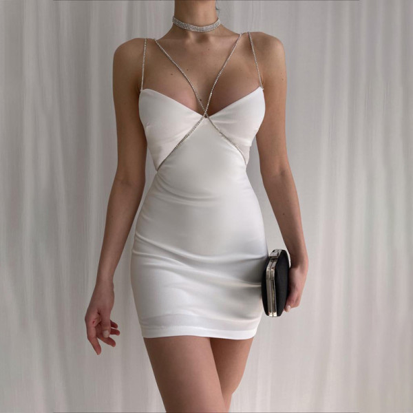 Solid Color Sexy Chain Sling Pack Hip Dress