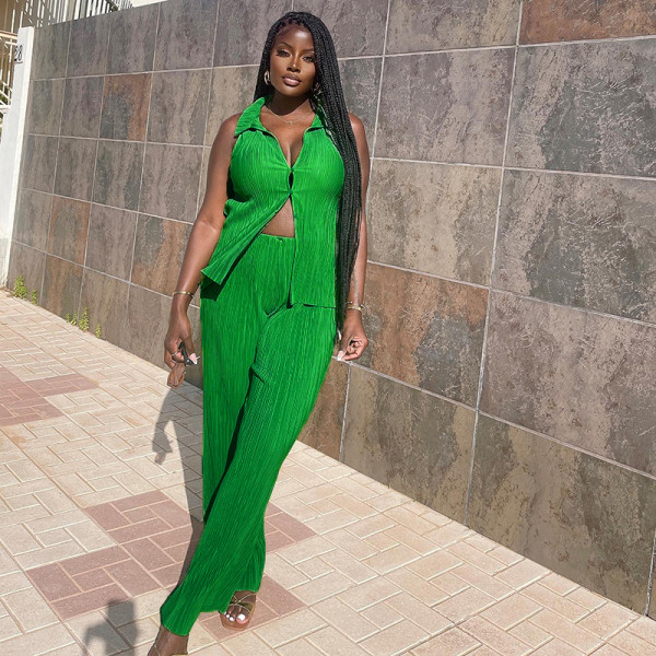 Fashion Set Solid Color Drape Loose Silky Wrinkled Casual Two-piece Set