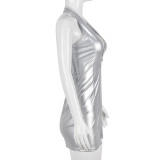 Halter neck sleeveless sexy hollow zipper high elastic leather one-step skirt