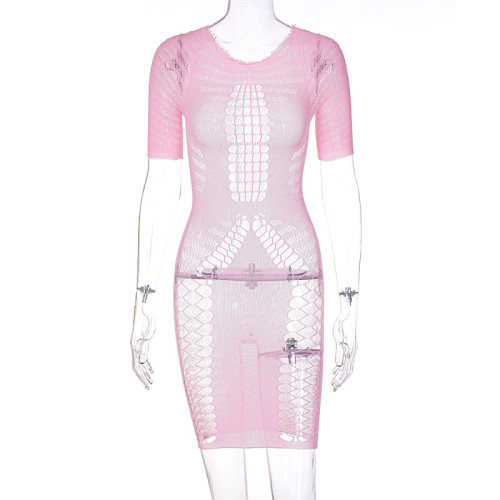 Cutout Mesh Short Sleeve Crew Neck Dress