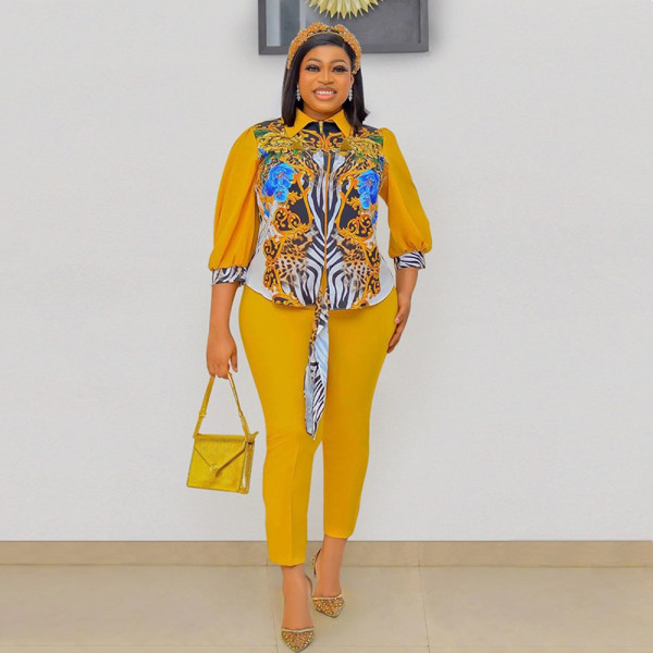 Casual Versatile Fashion Commuter Tight Puff Sleeve Suit Top + Pants