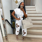 Four seasons solid color drawstring cotton pullover sunscreen short-sleeved lace hole irregular top suit