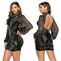 Sexy revealing backpack hip A-line hot diamond dress spring and summer new perspective long-sleeved hanging neck women's clothing Sexy revealing backpack hip A-line hot diamond dress spring and summer new perspective long-sleeved hanging neck women's clothing