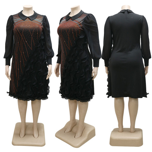 Round neck long sleeves hot drill plus size lace dress
