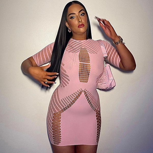 Cutout Mesh Short Sleeve Crew Neck Dress