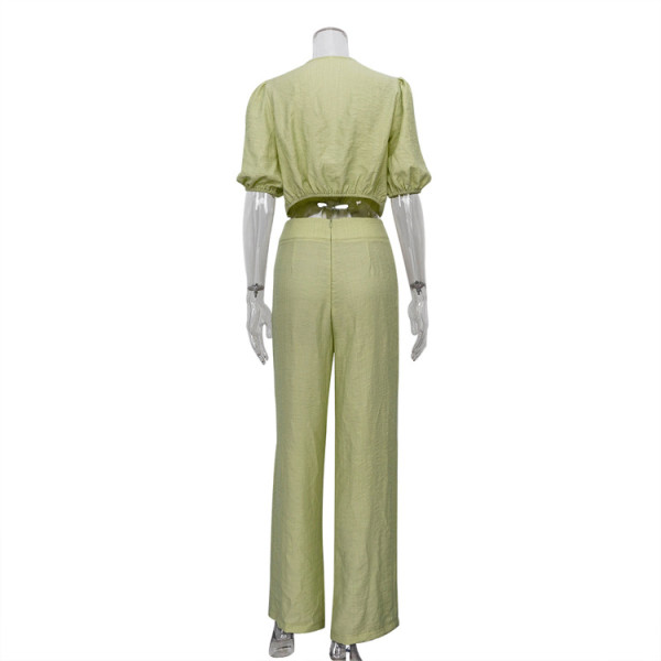 French Casual Puff Sleeve Shirt Suit Women Loose High Waist Wide Leg Pants Green