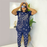 Casual short-sleeved round neck loose two-piece fashion hot diamond suit