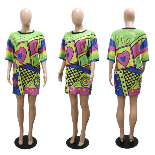Fashion Round Neck Half Sleeve Loose Sequin Print Dress Women's Party Sequins Nightclub Style