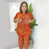 Casual short-sleeved round neck loose two-piece fashion hot diamond suit