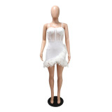 Fashion sexy suspenders perspective waist solid color feather dress