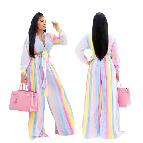 Fashion Sexy Deep V Neck Strap Ladies Loose Wide Leg Pants + Top