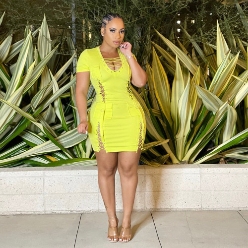 Fashionable sexy V-neck new summer corns hole punching rope nightclub slim dress