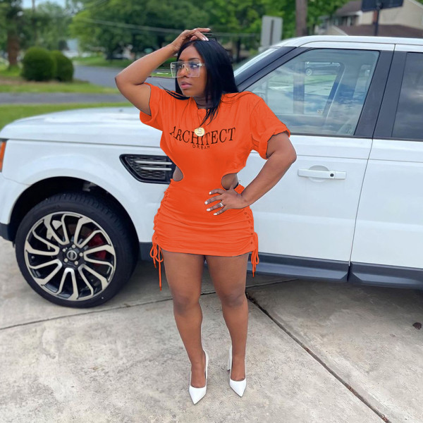 Hollow eyelet dolman sleeves with lettering on both sides of the waist Casual skirt