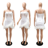 Fashion sexy suspenders perspective waist solid color feather dress
